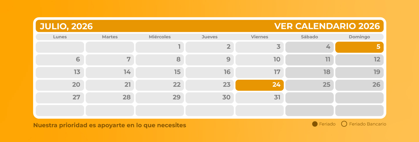 Calendario  mes de Julio 2026